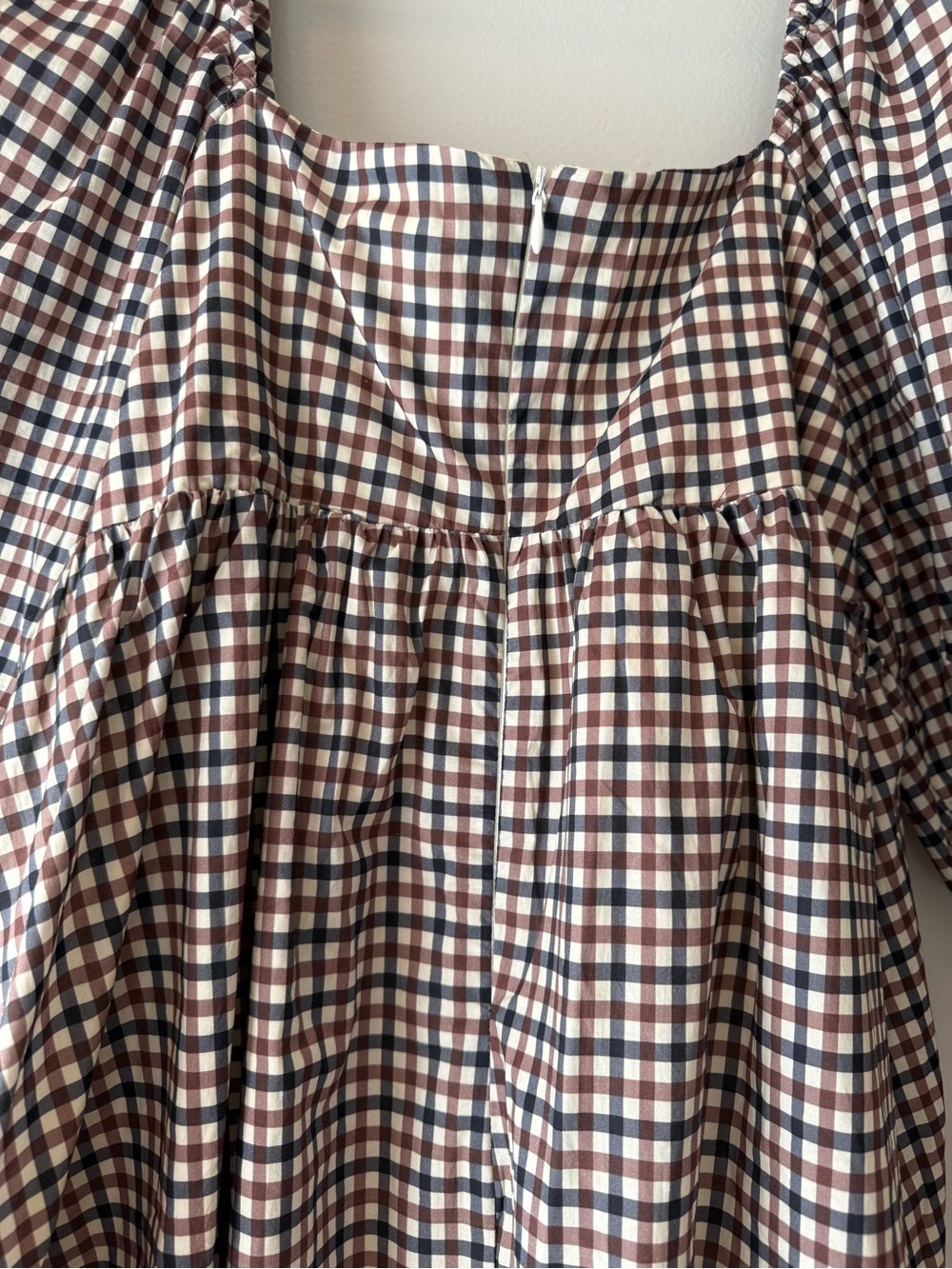 Storia Plaid Puff-Sleeve Square Neck Mini Dress in Brown - Picture 5 of 7